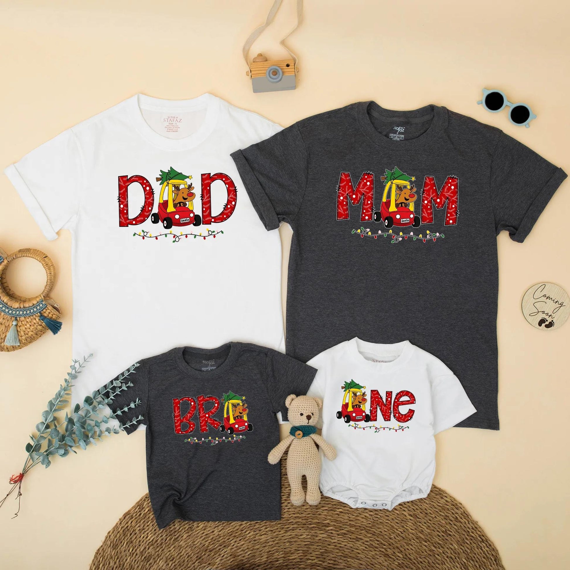 Personalized Christmas Family Matching 1st Birthday Shirt Reindeer Car & Lights Design Dad Mom Bro One Festive Winter Party Outfit Gift