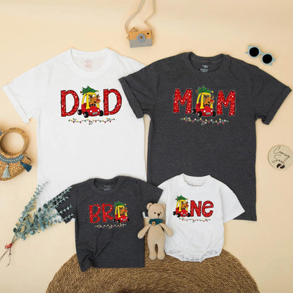 Personalized Christmas Family Matching 1st Birthday Shirt Reindeer Car & Lights Design Dad Mom Bro One Festive Winter Party Outfit Gift