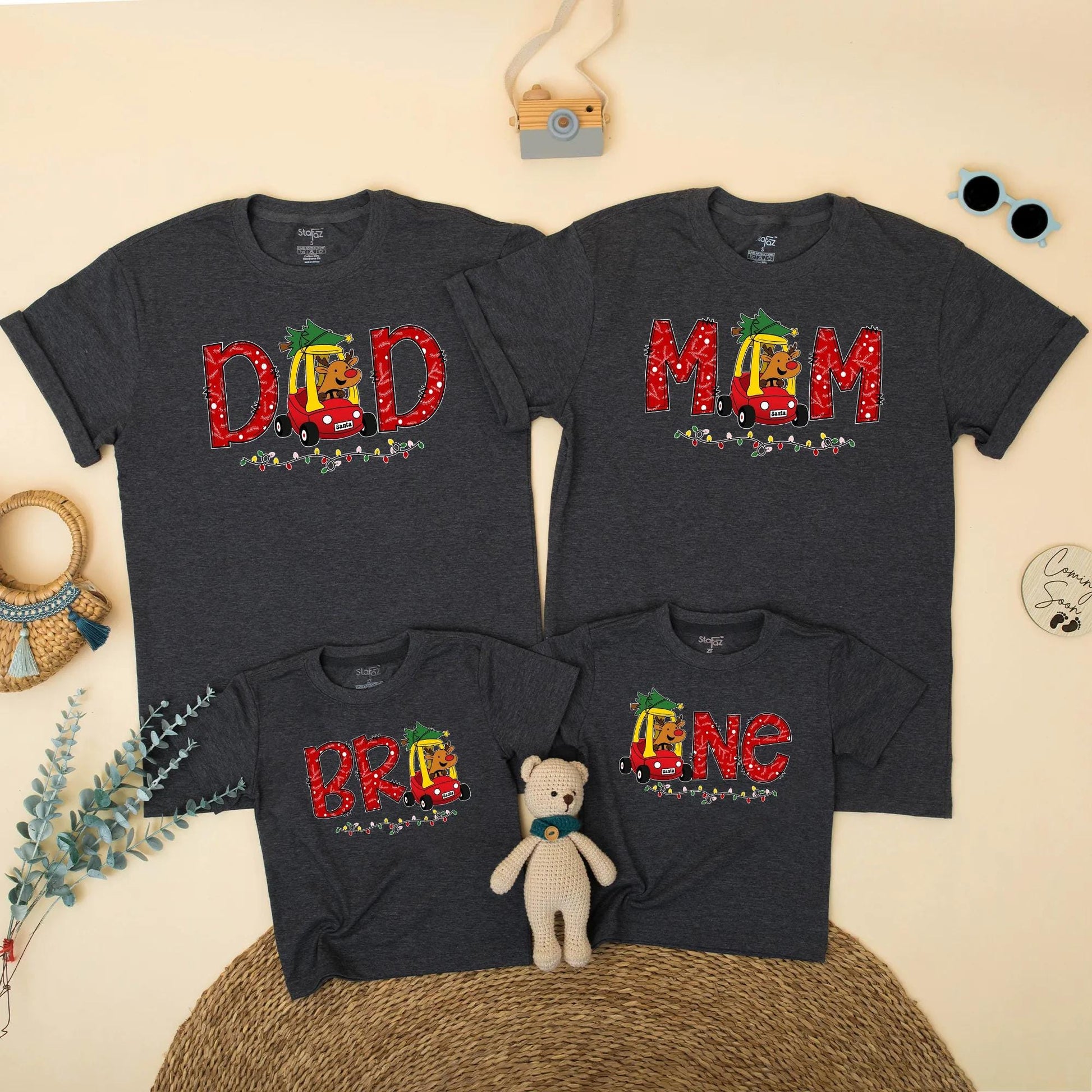 Personalized Christmas Family Matching 1st Birthday Shirt Reindeer Car & Lights Design Dad Mom Bro One Festive Winter Party Outfit Gift