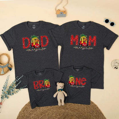 Personalized Christmas Family Matching 1st Birthday Shirt Reindeer Car & Lights Design Dad Mom Bro One Festive Winter Party Outfit Gift