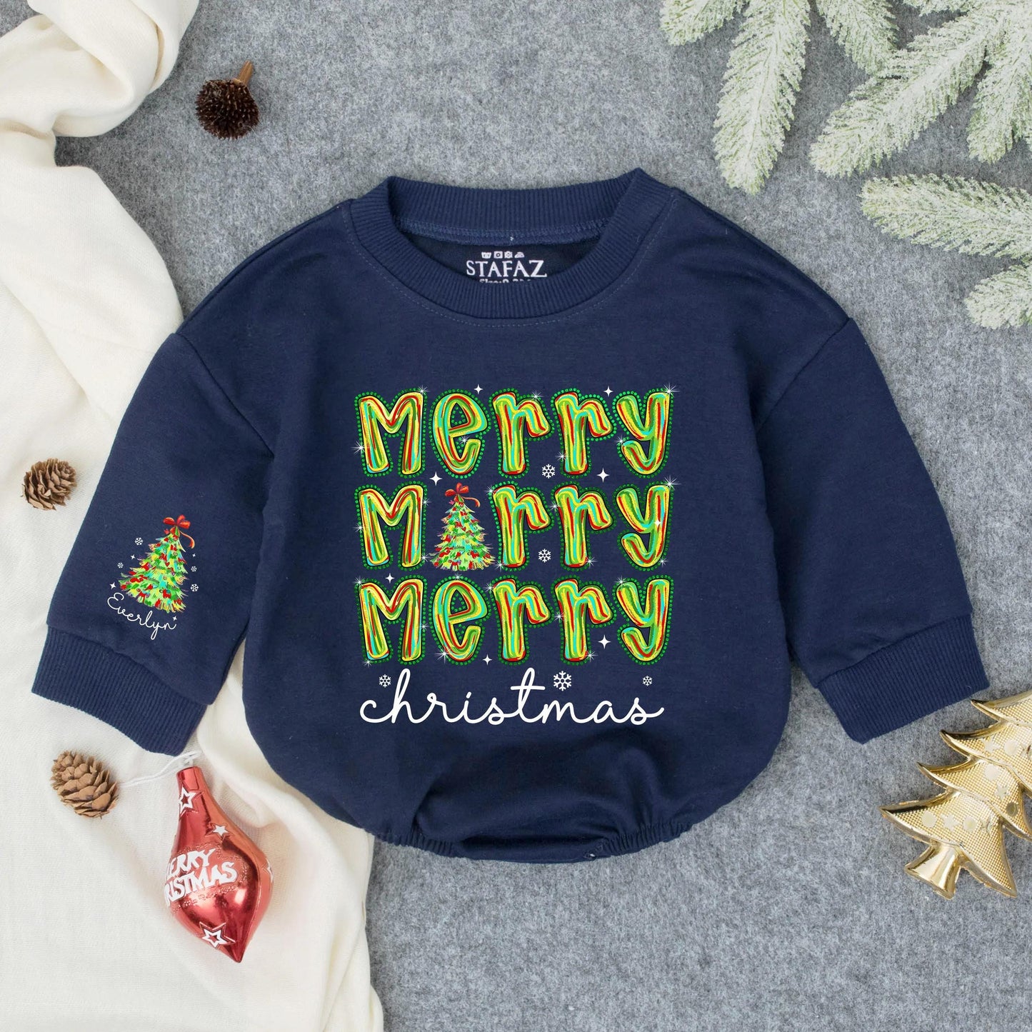 Personalized Baby Girl First Christmas Sequin Bubble Romper Colorful Merry Everly Tree Whimsical Holiday Outfit Toddler Winter Gift