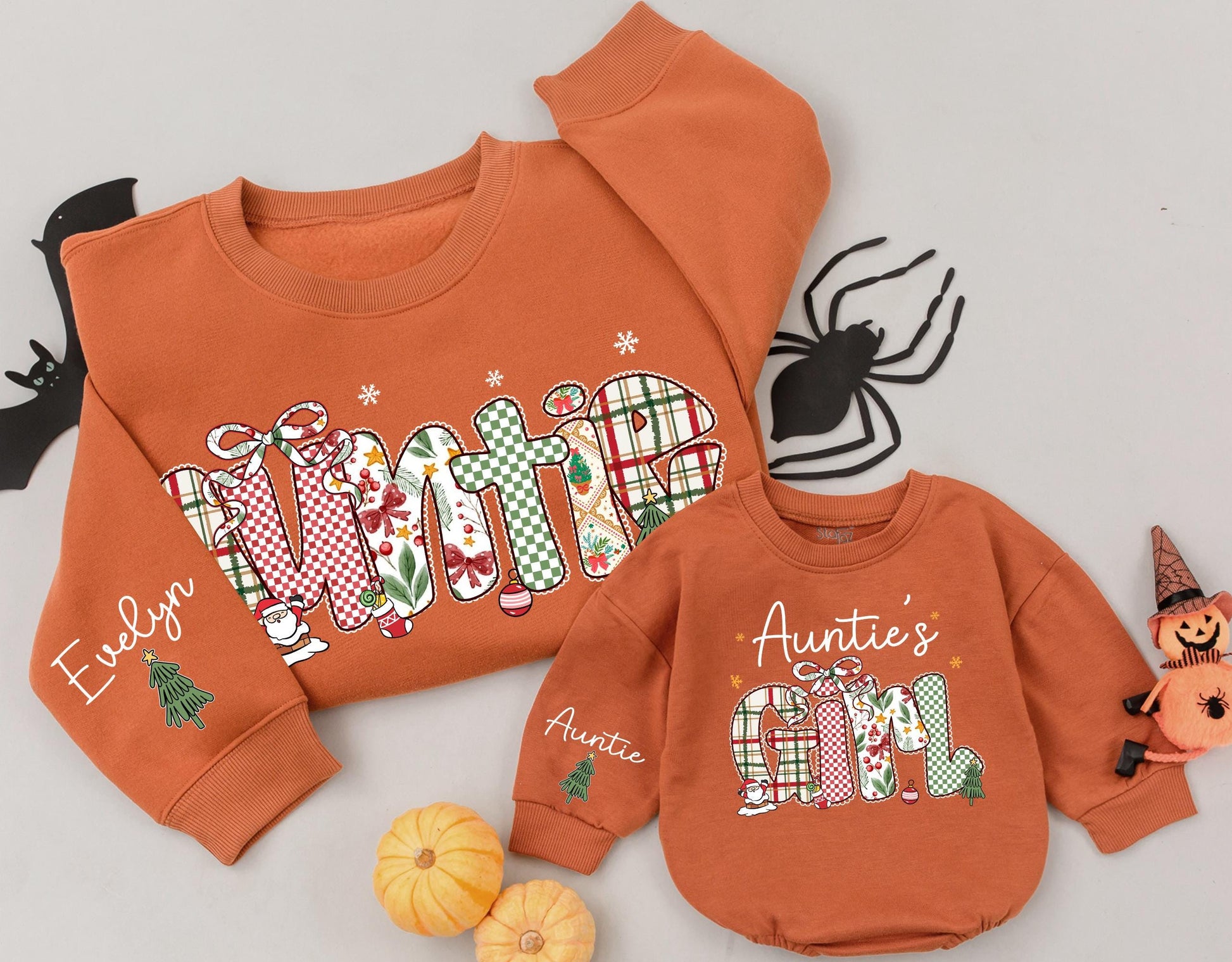 Auntie & Girl Matching Christmas Sweatshirts: Festive Holiday Outfits with Plaid & Bow Lettering, Personalized Aunt & Niece 'Tis the Season Sweaters