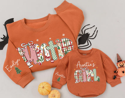 Auntie & Girl Matching Christmas Sweatshirts: Festive Holiday Outfits with Plaid & Bow Lettering, Personalized Aunt & Niece 'Tis the Season Sweaters