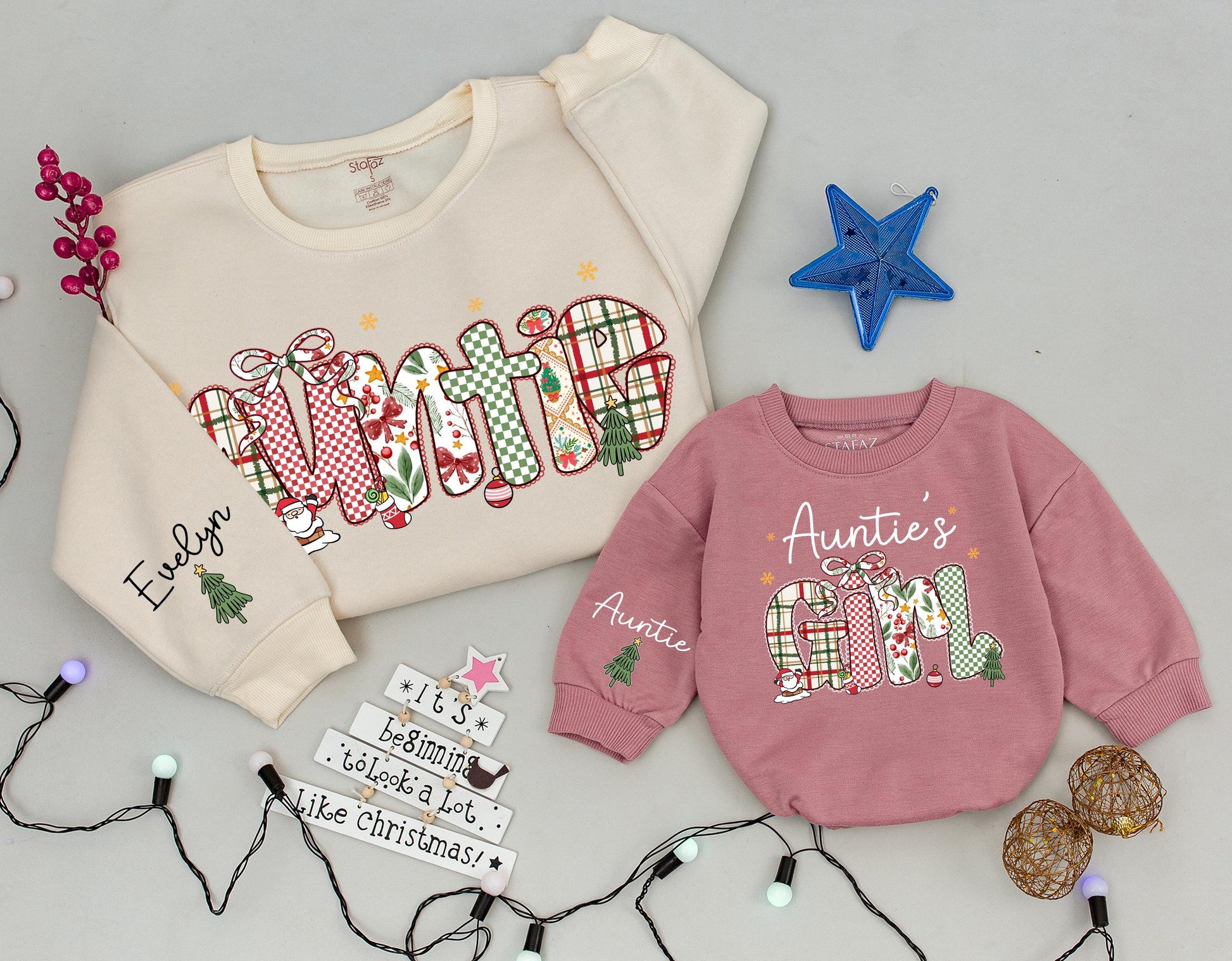 Auntie & Girl Matching Christmas Sweatshirts: Festive Holiday Outfits with Plaid & Bow Lettering, Personalized Aunt & Niece 'Tis the Season Sweaters