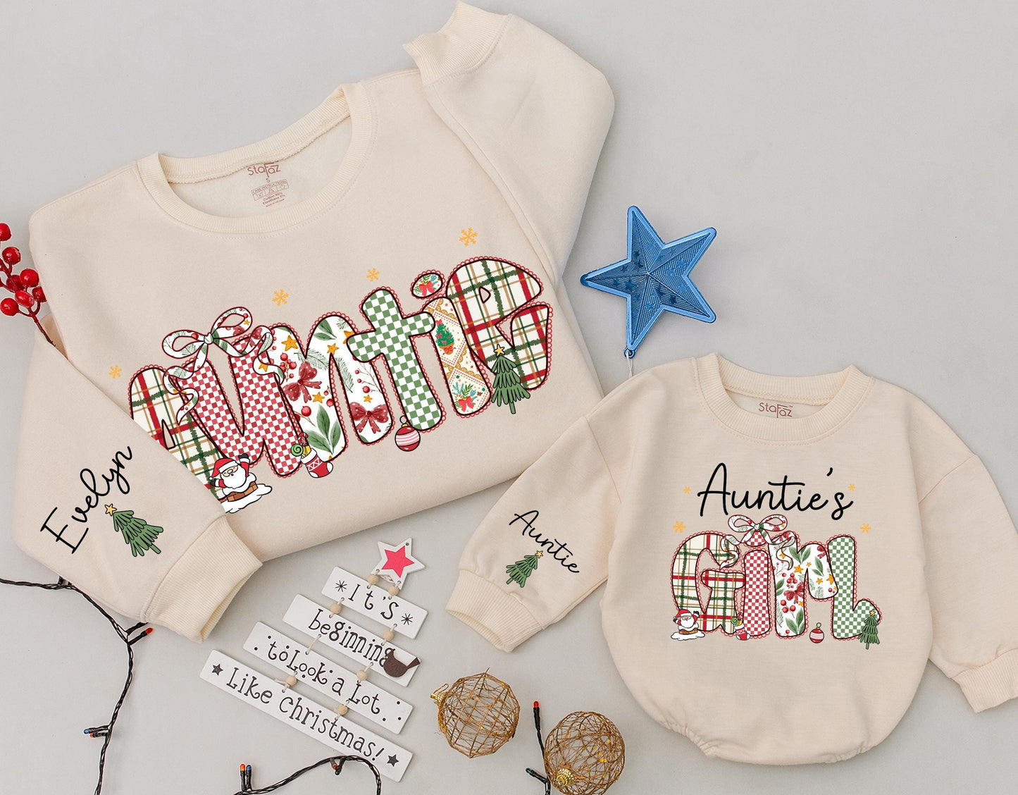 Auntie & Girl Matching Christmas Sweatshirts: Festive Holiday Outfits with Plaid & Bow Lettering, Personalized Aunt & Niece 'Tis the Season Sweaters