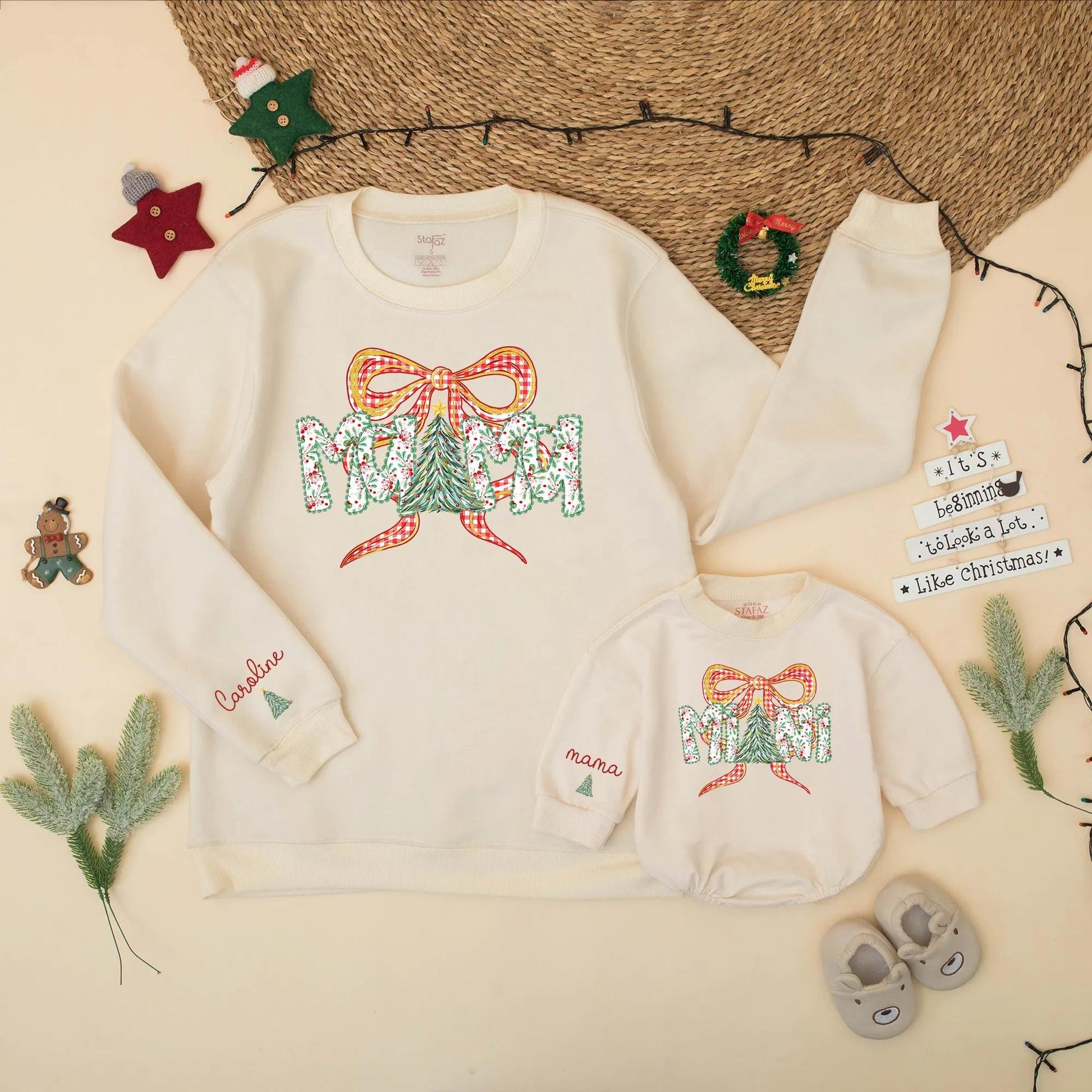 Mama and Mini Matching Christmas Sweatshirt Set Red Gingham Bow Outfit Holiday Berries Personalized Gift Cute Family Christmas Tree Design 138