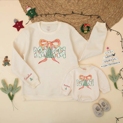 Mama and Mini Matching Christmas Sweatshirt Set Red Gingham Bow Outfit Holiday Berries Personalized Gift Cute Family Christmas Tree Design 138