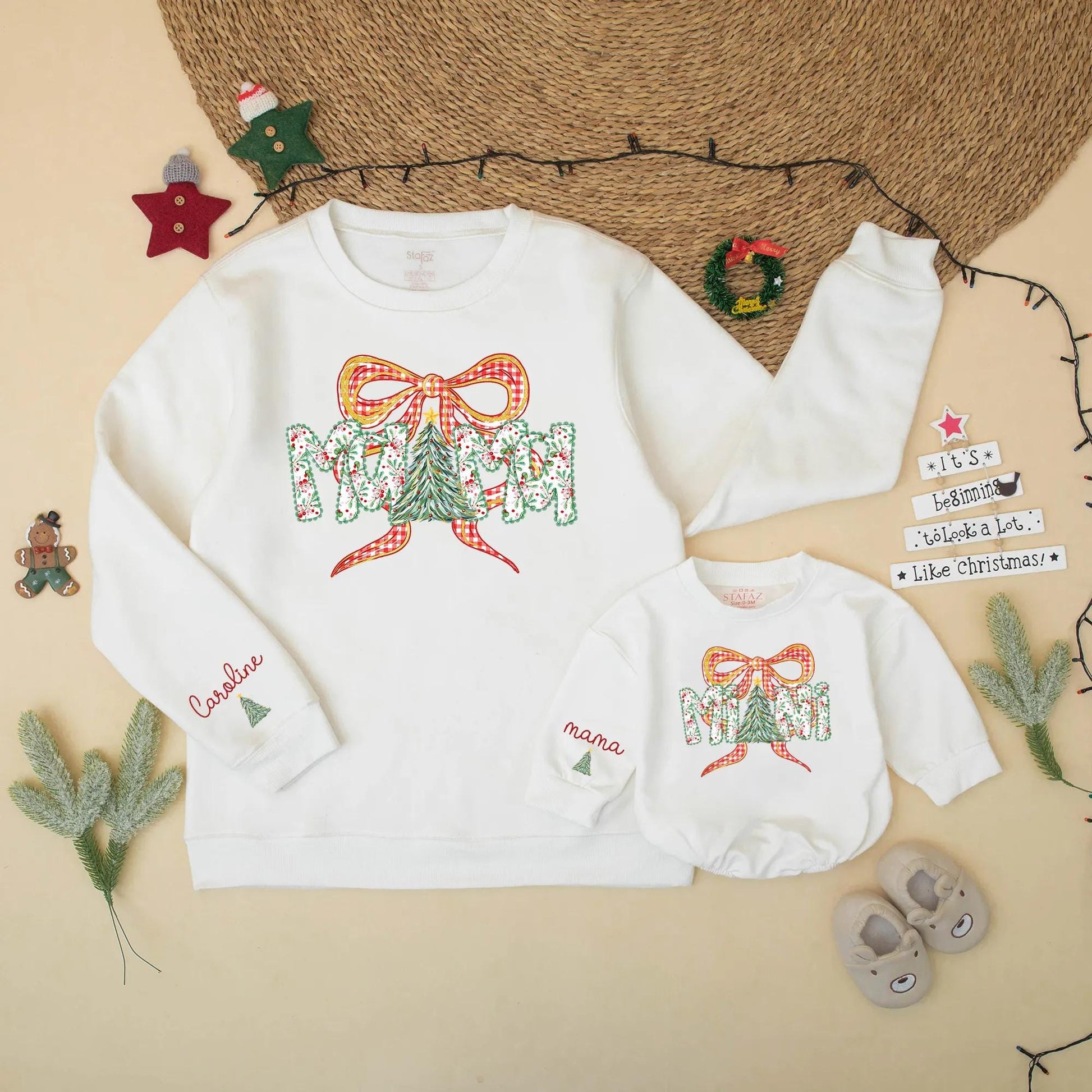 Mama and Mini Matching Christmas Sweatshirt Set Red Gingham Bow Outfit Holiday Berries Personalized Gift Cute Family Christmas Tree Design 138