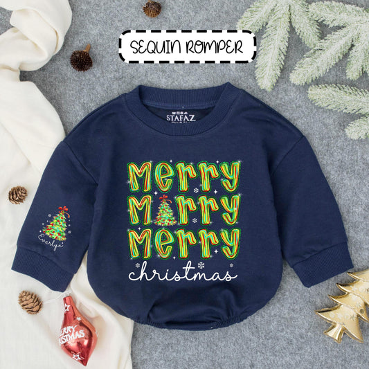 Personalized Baby Girl First Christmas Sequin Bubble Romper Colorful Merry Everly Tree Whimsical Holiday Outfit Toddler Winter Gift