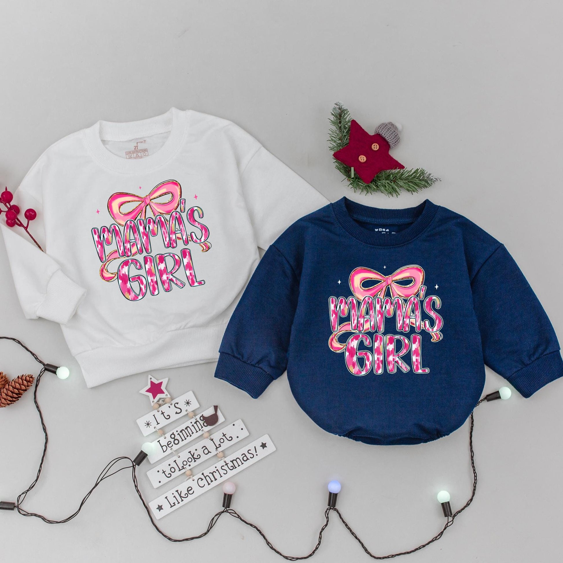 Mama and Mama's Girl Matching Pink Bow Sweatshirts with Ikat Gold Accents for Custom Mother Daughter Girly Mothers Day Gift Whimsical Modern Playful