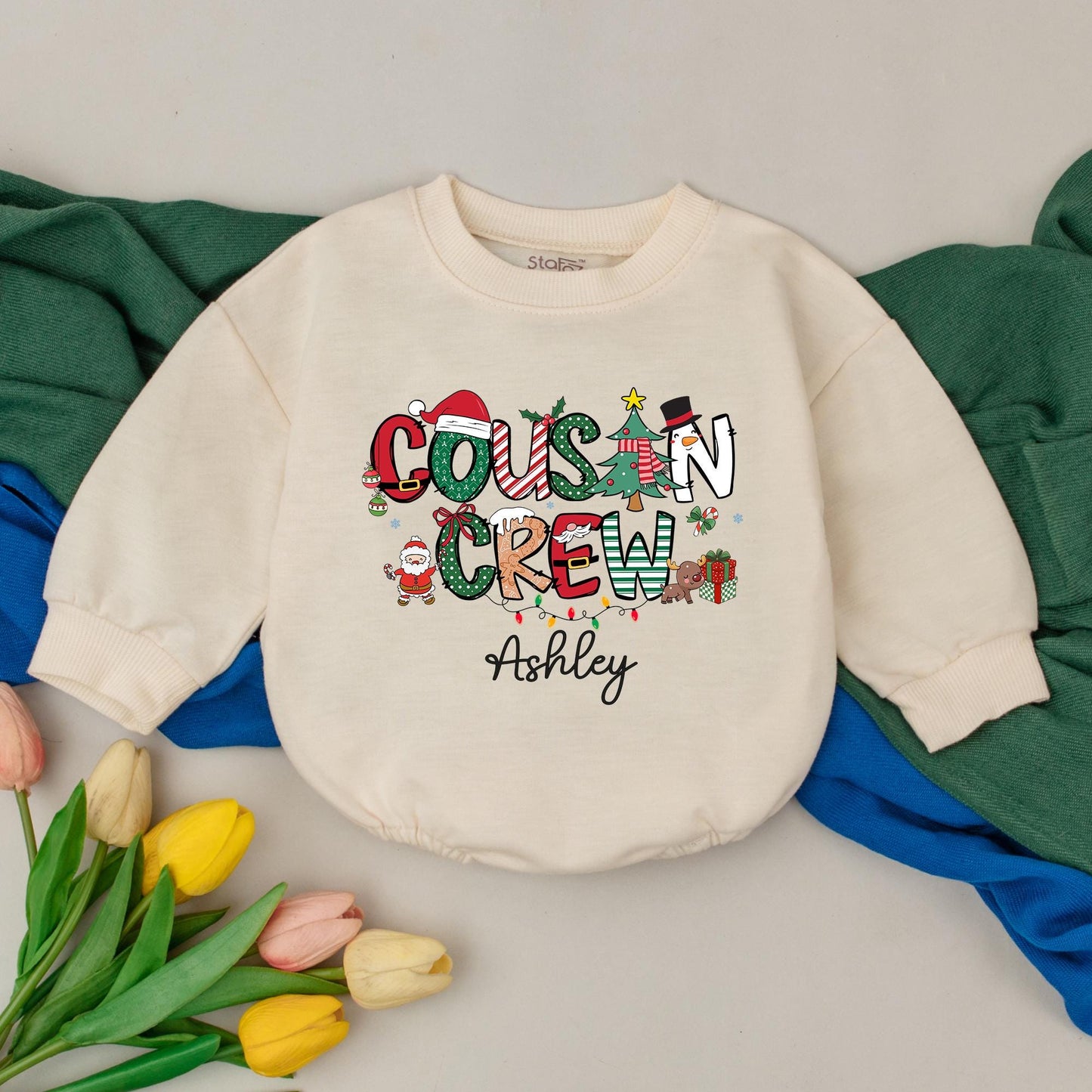Personalized Cousin Crew Christmas Romper Bodysuit for Baby's First Holiday Matching Kids Outfit, Custom Name Family Photo Gift Idea