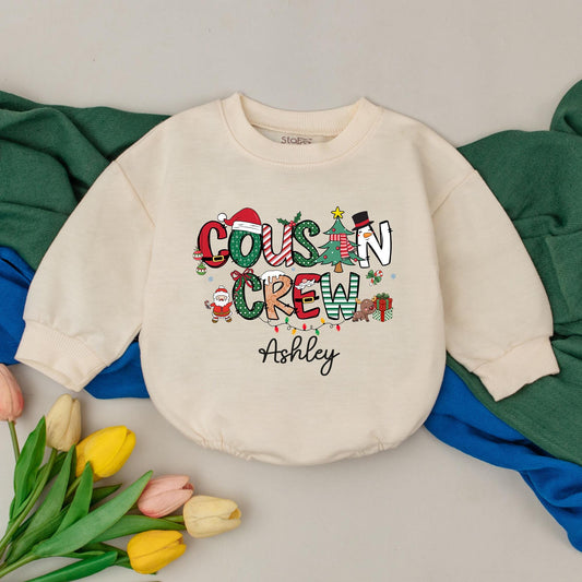 Personalized Cousin Crew Christmas Romper Bodysuit for Baby's First Holiday Matching Kids Outfit, Custom Name Family Photo Gift Idea