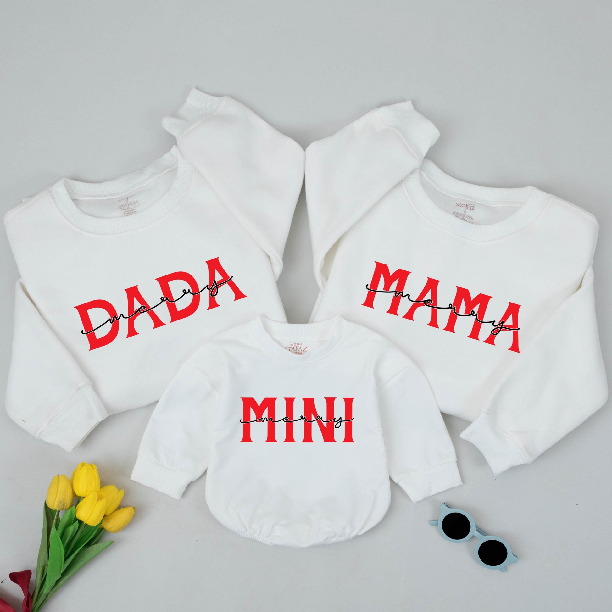 Merry Family Christmas Sweatshirts Dada Mama Mini Matching Red Block Font Script Merry Holiday Apparel