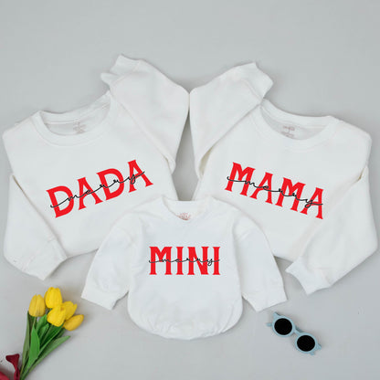 Merry Family Christmas Sweatshirts Dada Mama Mini Matching Red Block Font Script Merry Holiday Apparel