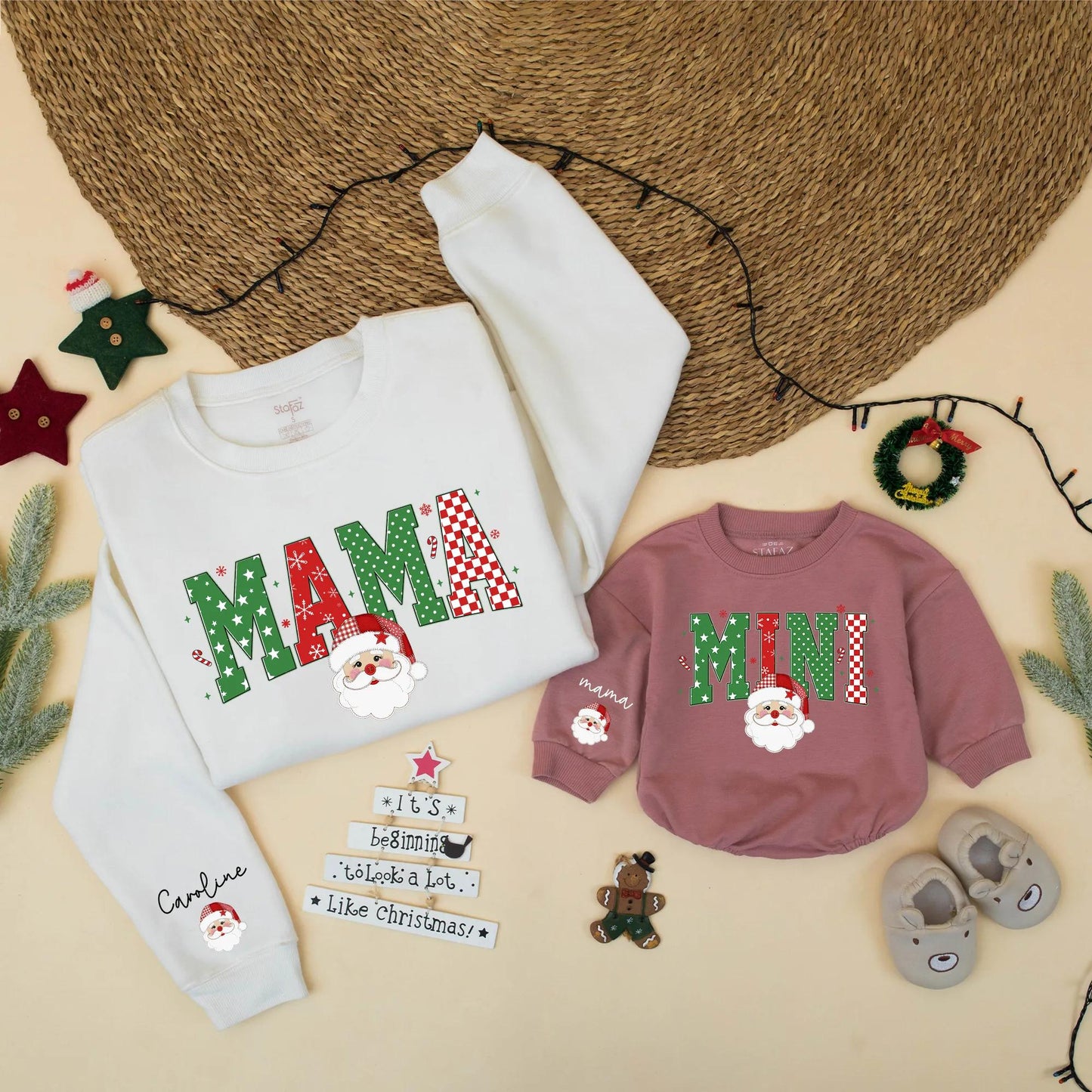 Personalized Mama Mini Christmas Sweaters Family Matching Santa Holiday Outfit Custom Winter Gift, Baby Girl Toddler Christmas