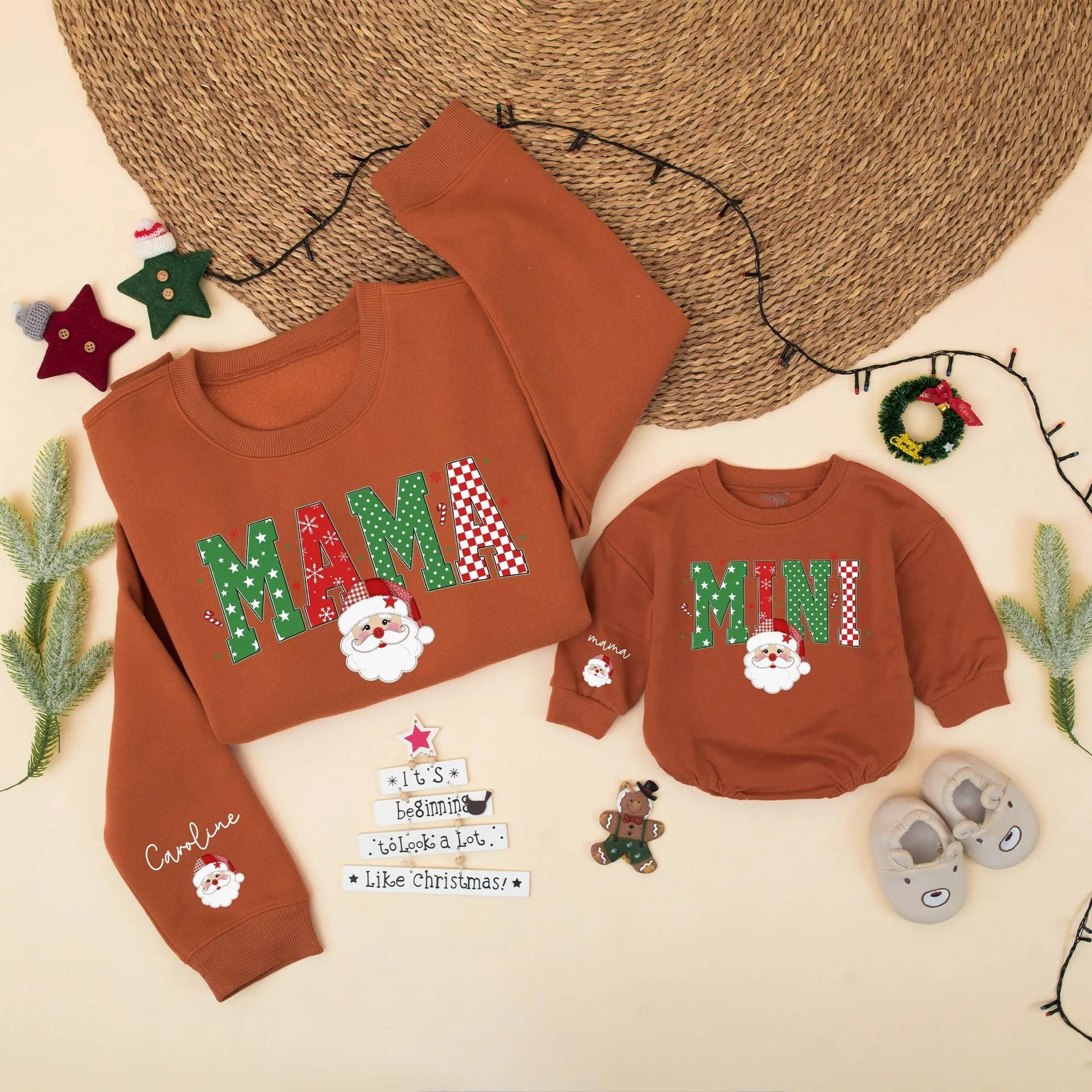 Personalized Mama Mini Christmas Sweaters Family Matching Santa Holiday Outfit Custom Winter Gift, Baby Girl Toddler Christmas