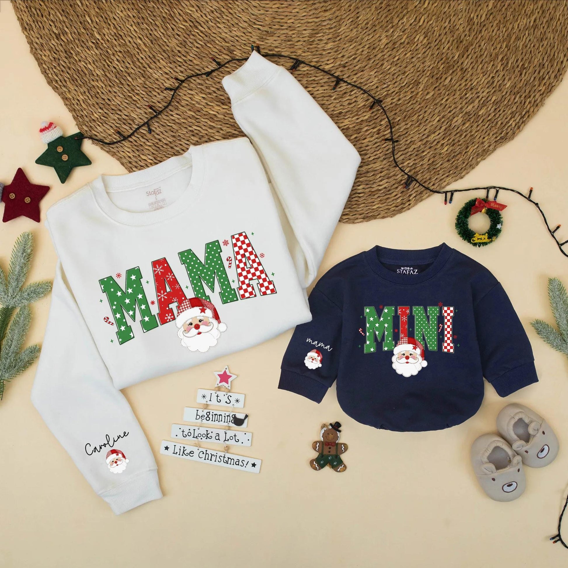 Personalized Mama Mini Christmas Sweaters Family Matching Santa Holiday Outfit Custom Winter Gift, Baby Girl Toddler Christmas