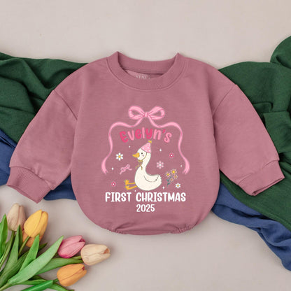 Personalized Preppy Christmas Goose Romper Baby First Christmas Outfit Holiday Gift for Baby Girl Duck Design Custom Outfit Newborn