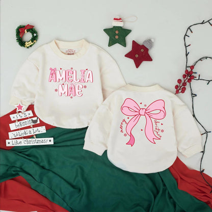 Amelia Mae & Merry Christmas Baby Girl Romper Cute Pink Snowflake Bow Holiday Outfit