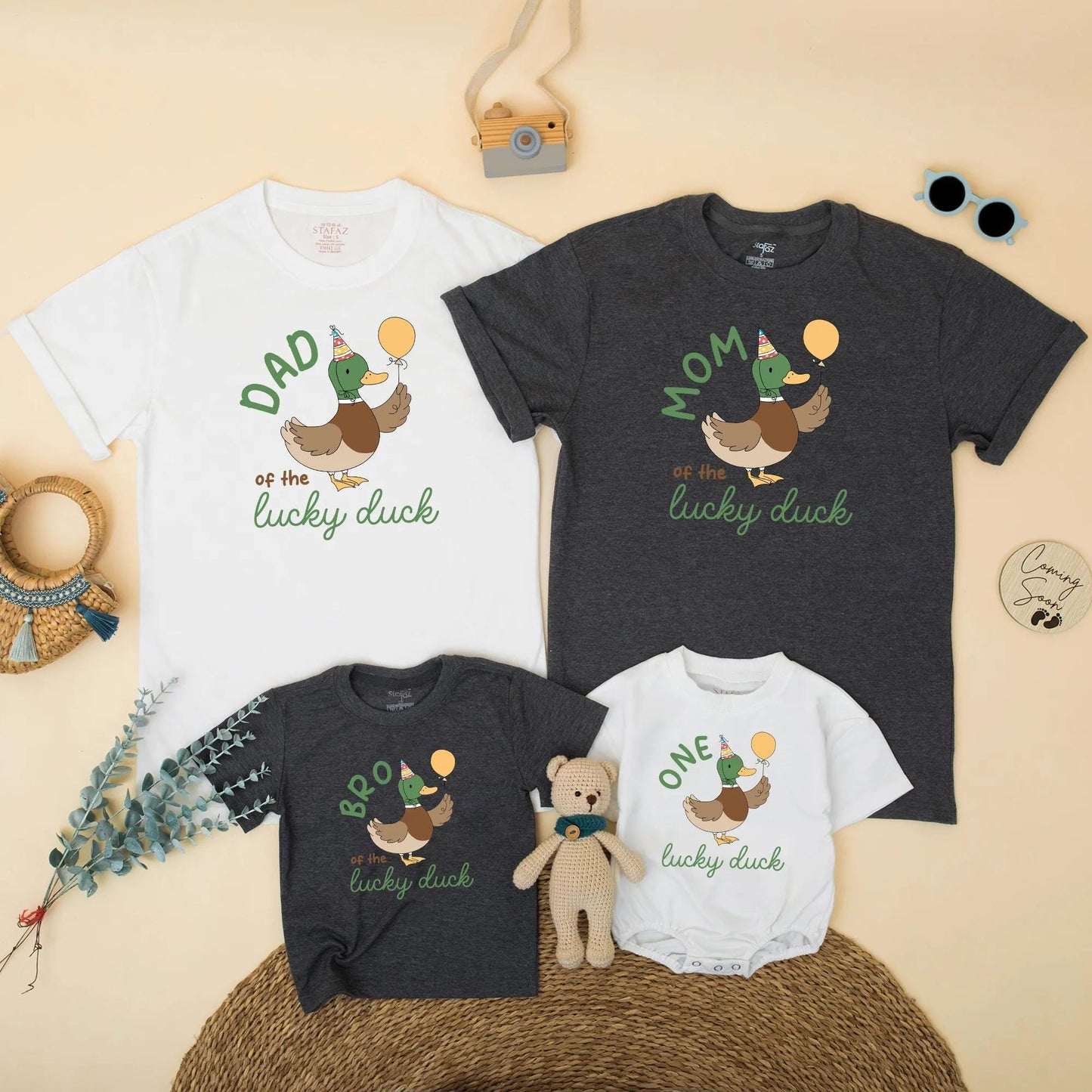 Matching Family One Lucky Duck Birthday Shirts, Boy's 1st Birthday Outfit, Mommy and Me Duck Tee, Cute Duck with Balloon, Gift