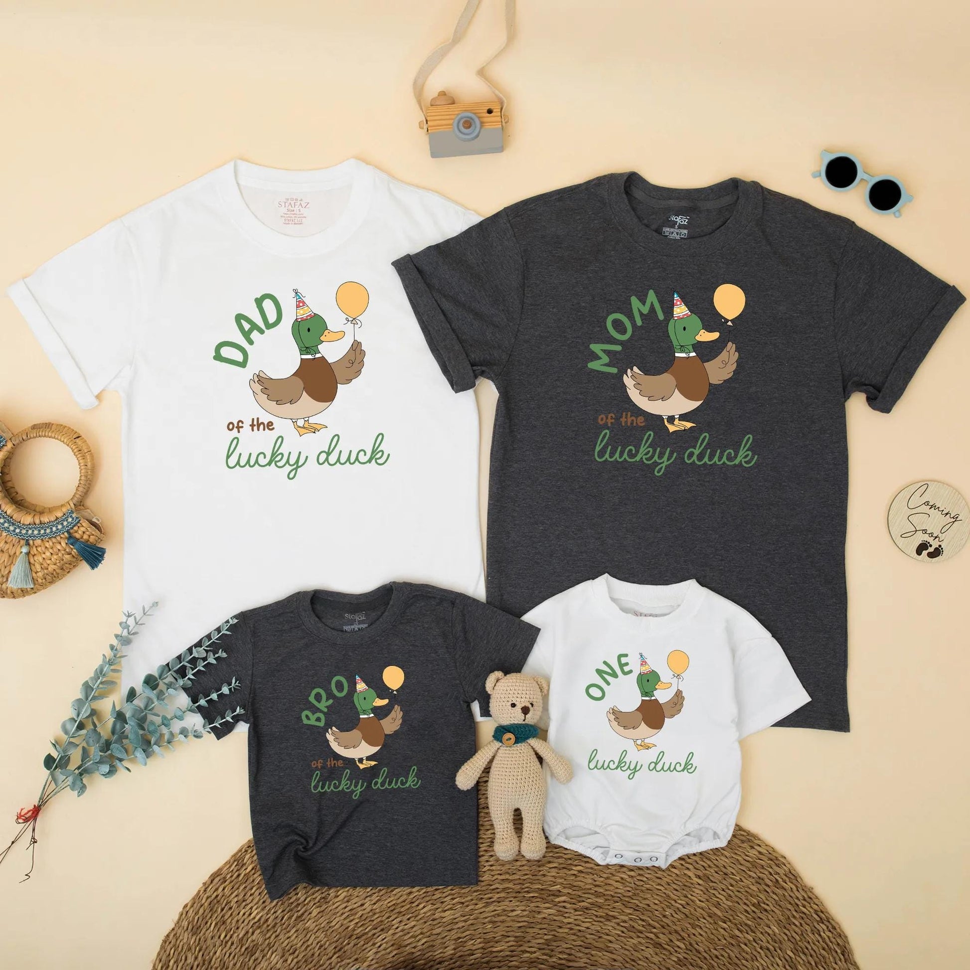 Matching Family One Lucky Duck Birthday Shirts, Boy's 1st Birthday Outfit, Mommy and Me Duck Tee, Cute Duck with Balloon, Gift