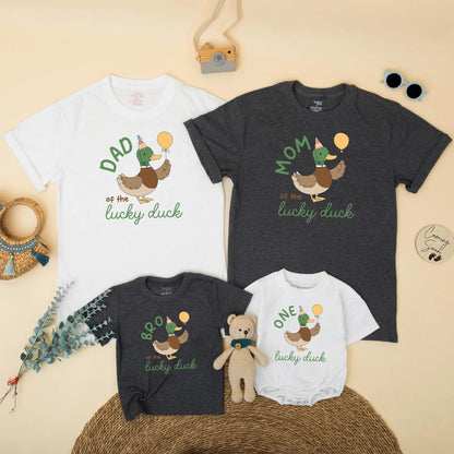Matching Family One Lucky Duck Birthday Shirts, Boy's 1st Birthday Outfit, Mommy and Me Duck Tee, Cute Duck with Balloon, Gift