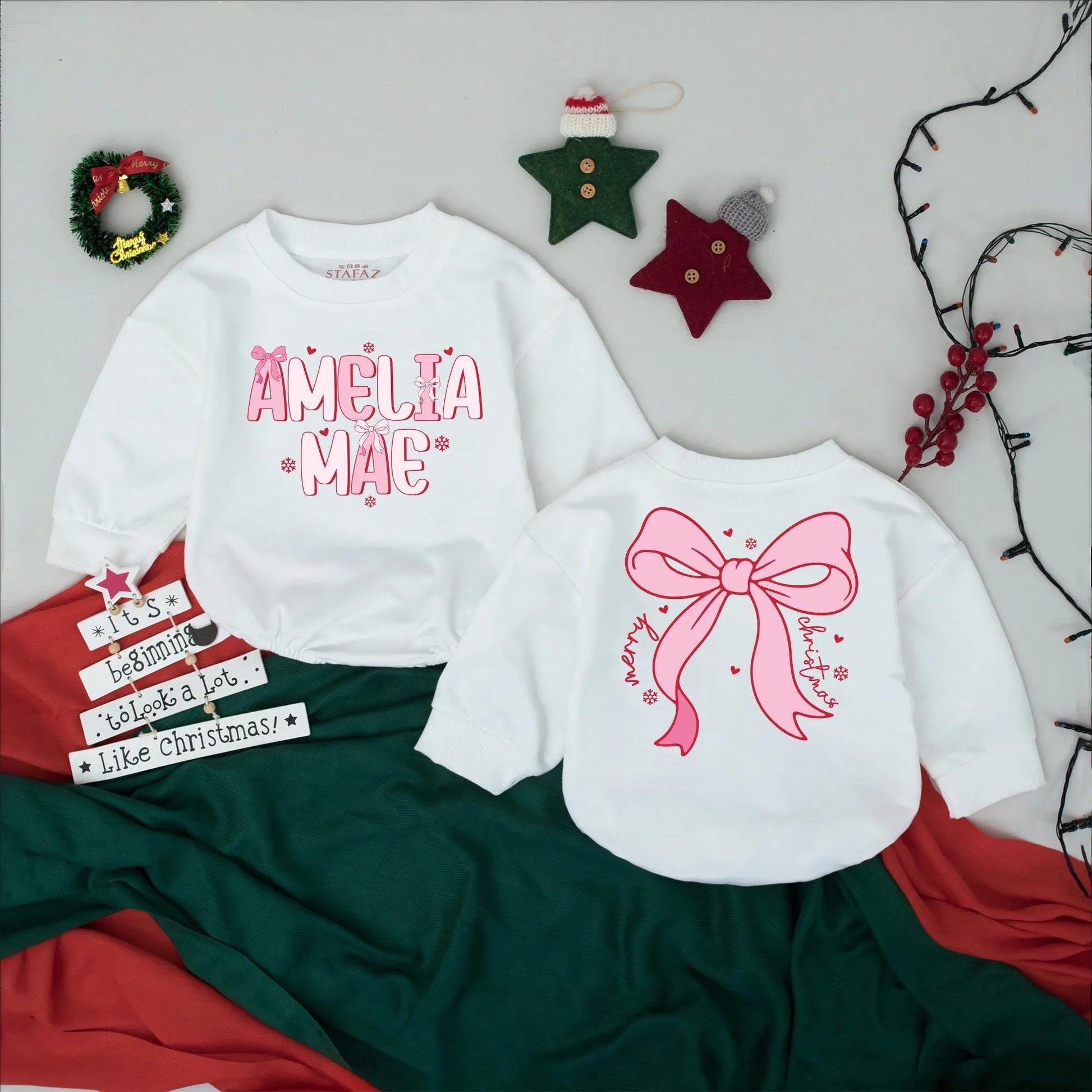 Amelia Mae & Merry Christmas Baby Girl Romper Cute Pink Snowflake Bow Holiday Outfit