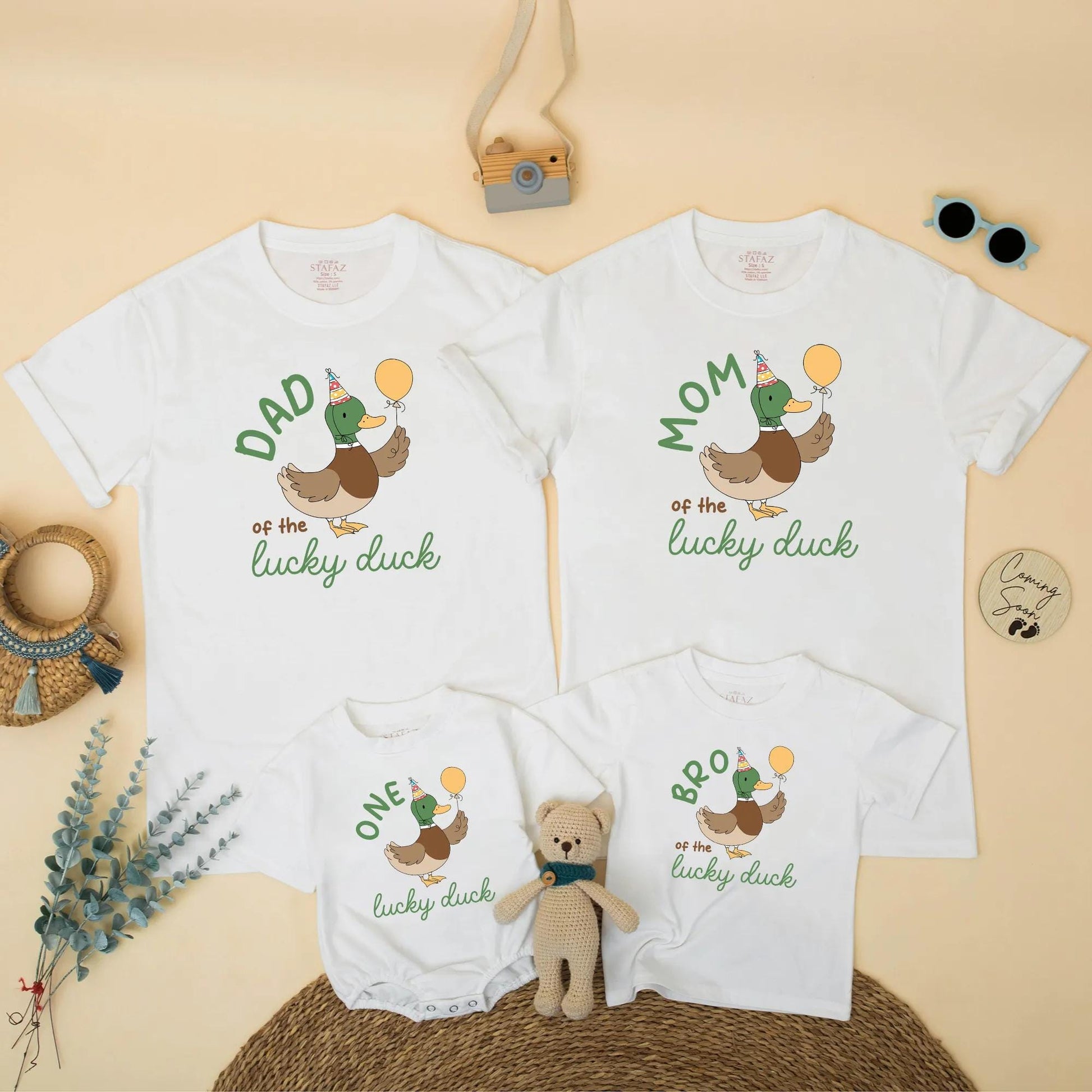 Matching Family One Lucky Duck Birthday Shirts, Boy's 1st Birthday Outfit, Mommy and Me Duck Tee, Cute Duck with Balloon, Gift