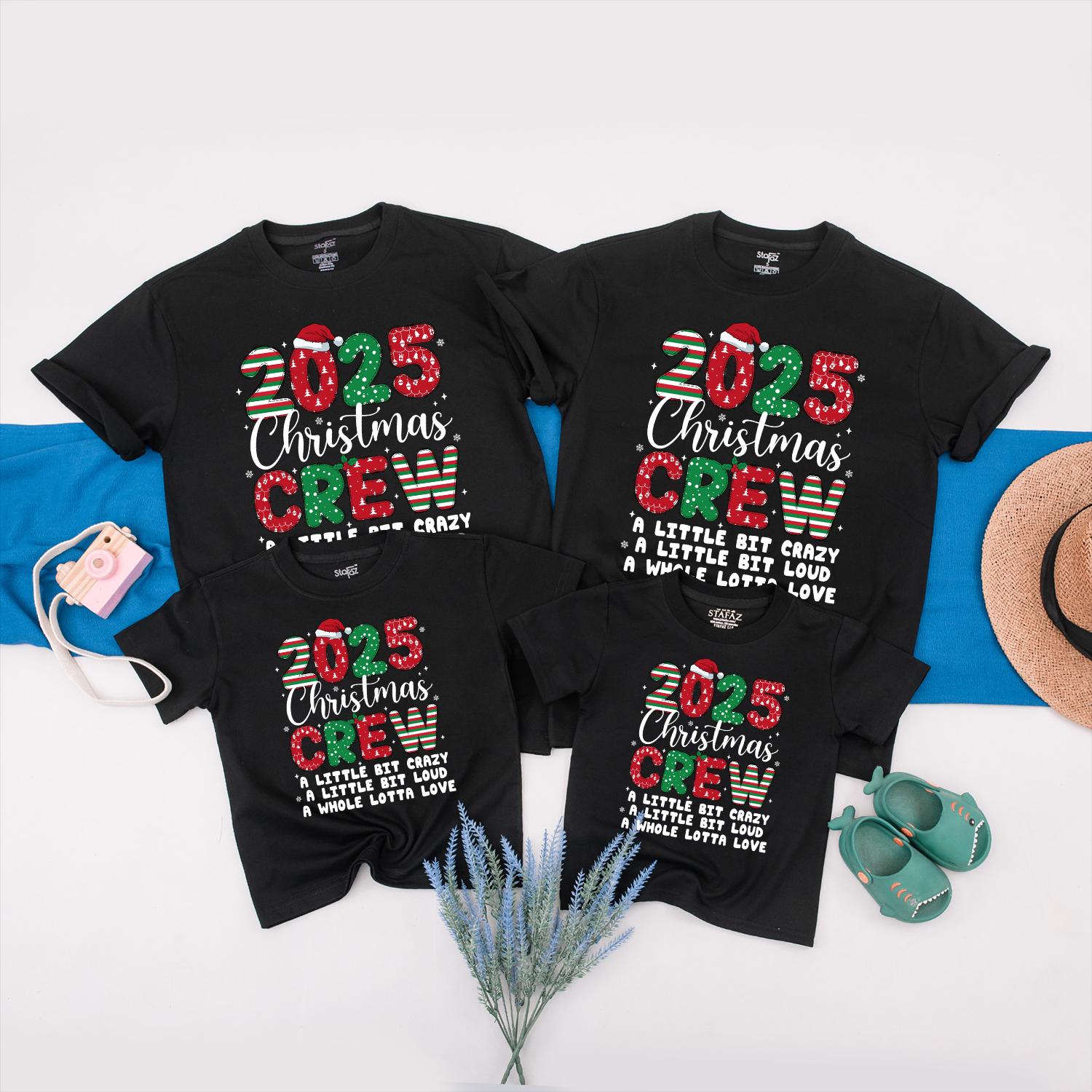 Matching Family Christmas Crew 2025 Shirts: Crazy Loud Love Holiday Tees, Xmas Vacation Squad Outfits, Santa Hat Pattern, Festive Family Matching