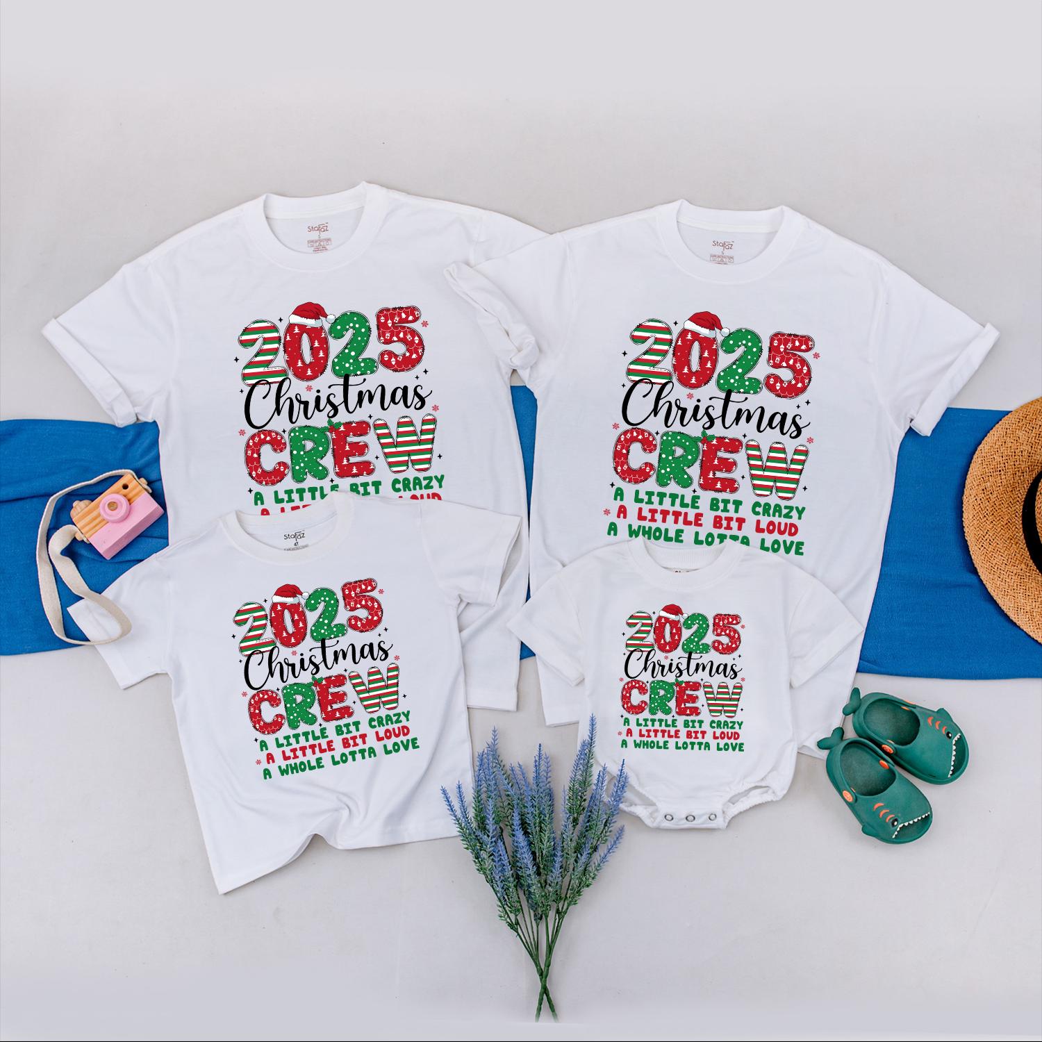 Matching Family Christmas Crew 2025 Shirts: Crazy Loud Love Holiday Tees, Xmas Vacation Squad Outfits, Santa Hat Pattern, Festive Family Matching