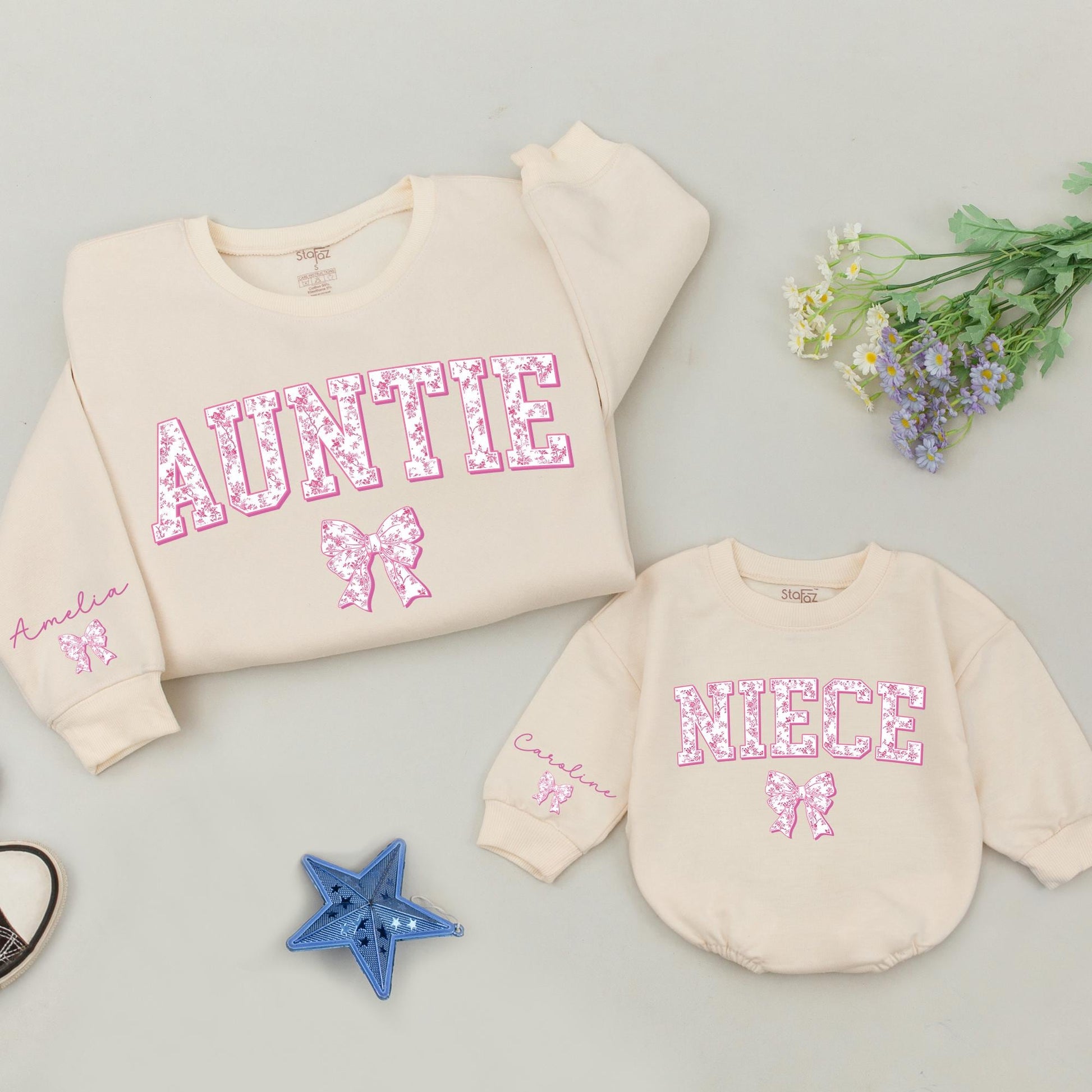 Matching Auntie & Niece Sweatshirts: Floral Bow Design, Auntie's Bestie, Fun New Aunt Gift, Personalized Name Sleeve, Playful Auntie Me Set, Pink Accents