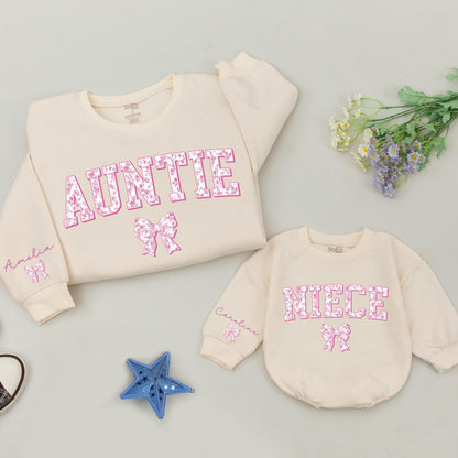 Matching Auntie & Niece Sweatshirts: Floral Bow Design, Auntie's Bestie, Fun New Aunt Gift, Personalized Name Sleeve, Playful Auntie Me Set, Pink Accents