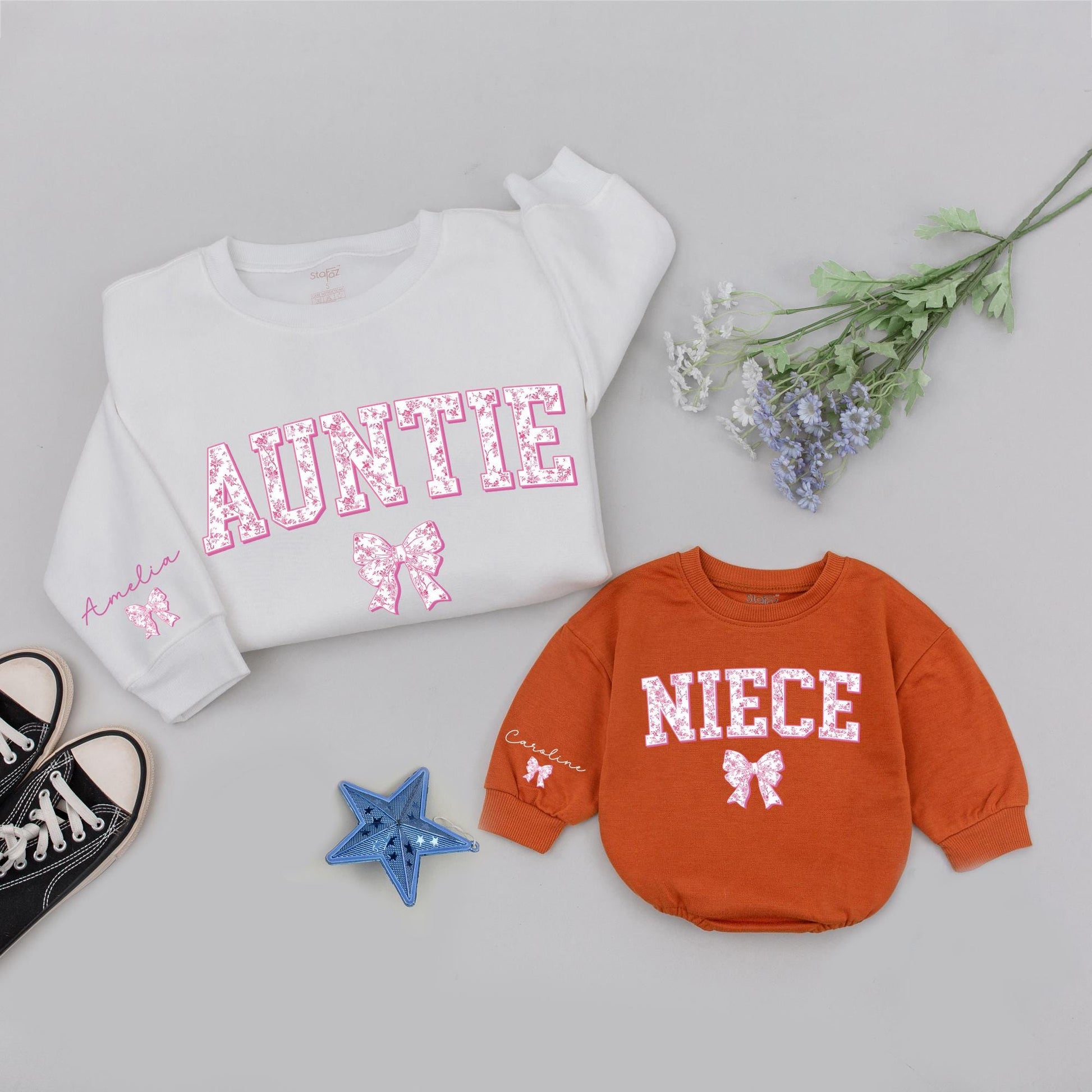 Matching Auntie & Niece Sweatshirts: Floral Bow Design, Auntie's Bestie, Fun New Aunt Gift, Personalized Name Sleeve, Playful Auntie Me Set, Pink Accents