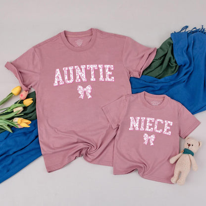 Whimsical Chinoiserie Auntie and Niece Matching T-Shirt Pink Floral Bow Auntie's Bestie Gift for Aunt
