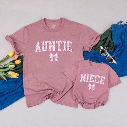 Whimsical Chinoiserie Auntie and Niece Matching T-Shirt Pink Floral Bow Auntie's Bestie Gift for Aunt