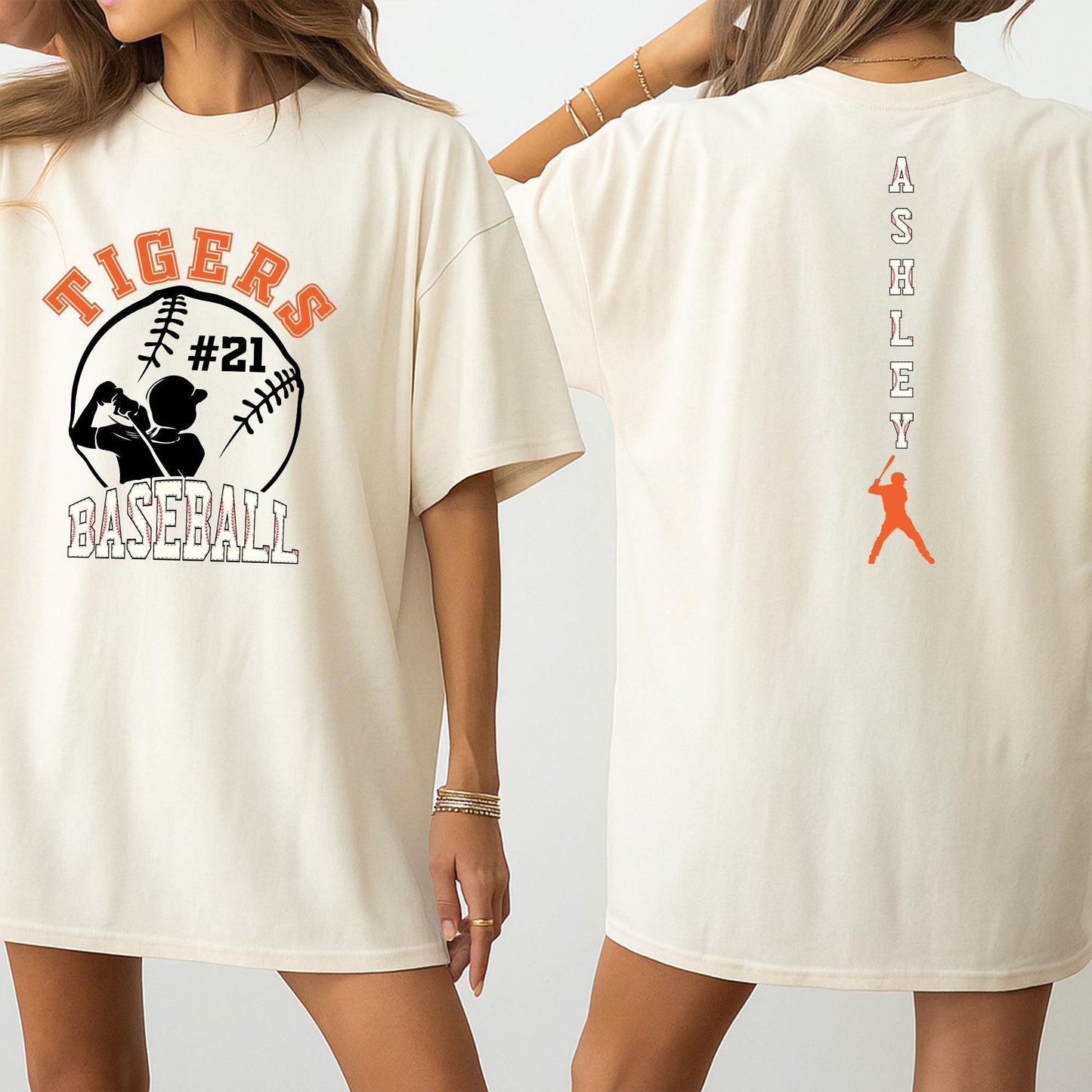 Custom Tigers Baseball Jersey Tee with Ashley Name & #21 Baseball Graphic, Game Day Fan Shirt, Team Spirit Wear Gift