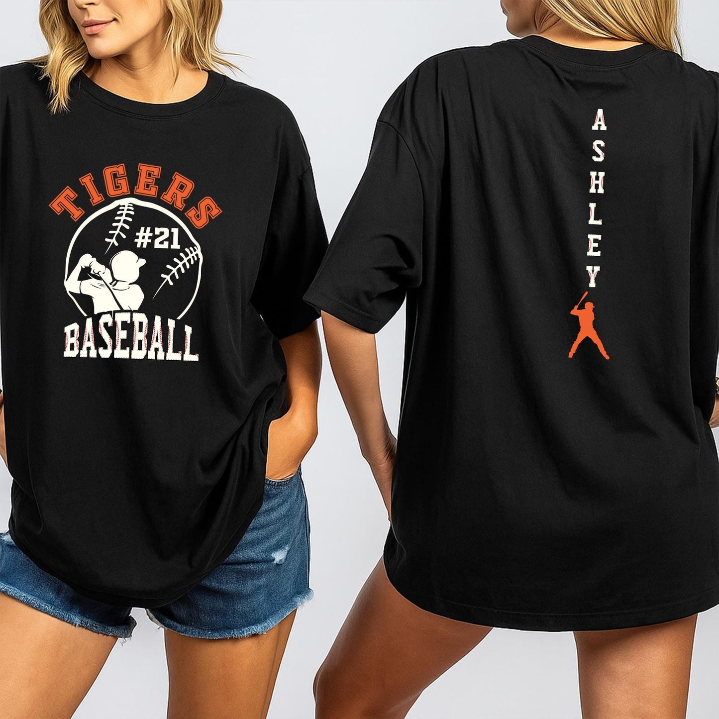 Custom Tigers Baseball Jersey Tee with Ashley Name & #21 Baseball Graphic, Game Day Fan Shirt, Team Spirit Wear Gift