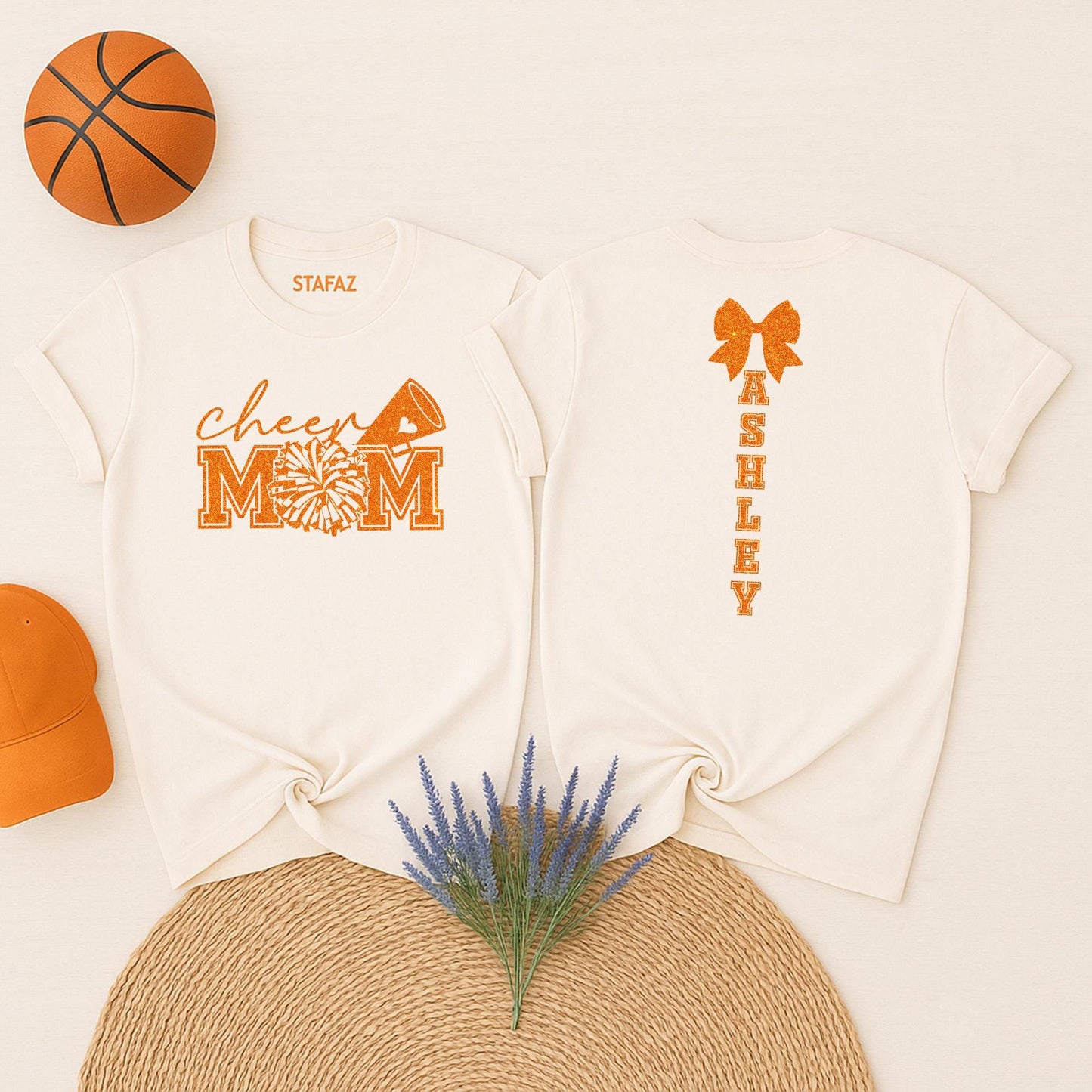 Cheer Mom Personalized Shirt: Sparkly Megaphone & Firework Design for Game Day! Custom Ashley Name Glitter Cheer Bow Team Spirit Outfit (138 chars)