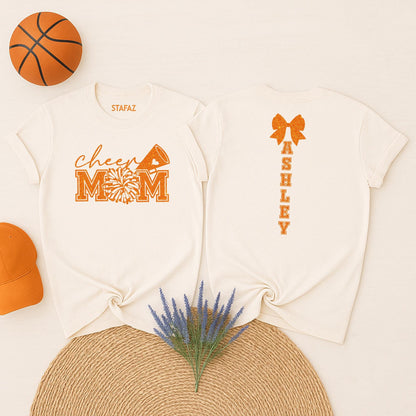 Cheer Mom Personalized Shirt: Sparkly Megaphone & Firework Design for Game Day! Custom Ashley Name Glitter Cheer Bow Team Spirit Outfit (138 chars)