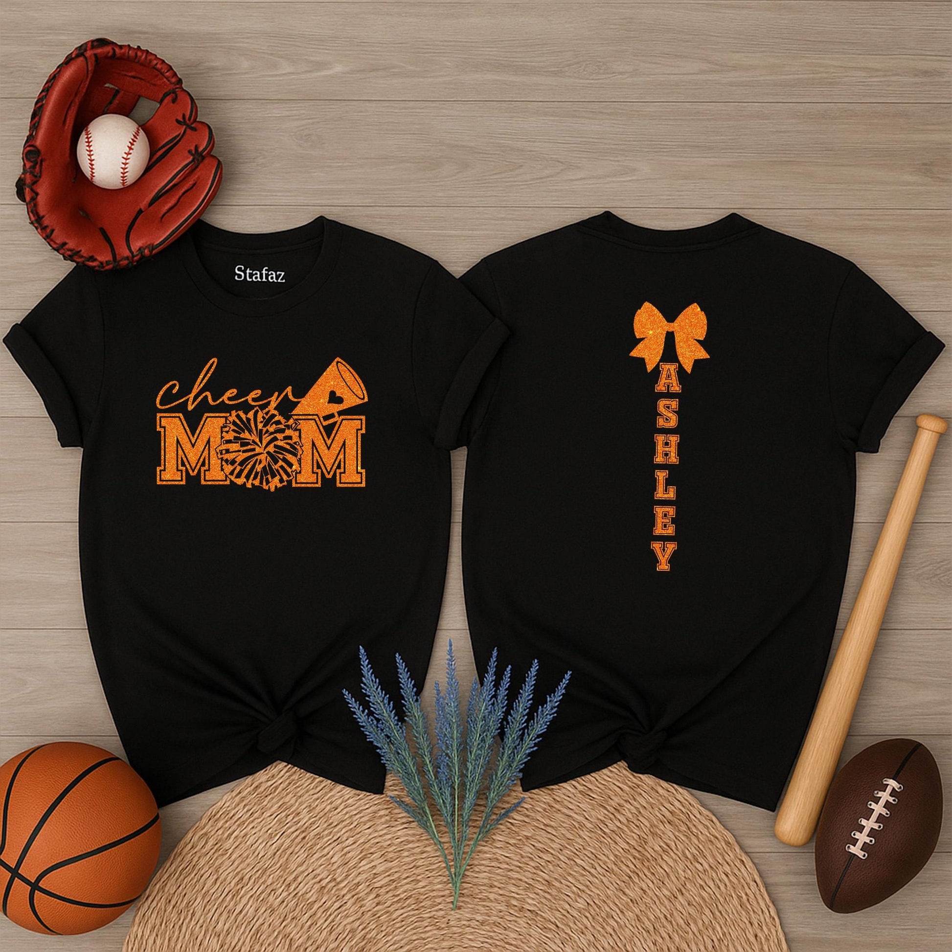 Cheer Mom Personalized Shirt: Sparkly Megaphone & Firework Design for Game Day! Custom Ashley Name Glitter Cheer Bow Team Spirit Outfit (138 chars)