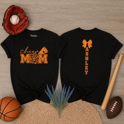 Cheer Mom Personalized Shirt: Sparkly Megaphone & Firework Design for Game Day! Custom Ashley Name Glitter Cheer Bow Team Spirit Outfit (138 chars)