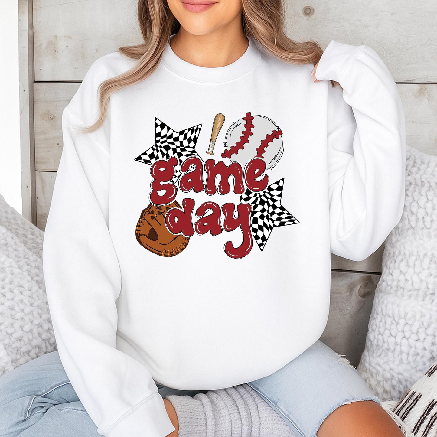 Retro Game Day Baseball Mama Sweatshirt, Vintage Maroon Checkered Star Design, Custom Baseball Mom Sweater, Sports Team Outfit Gift for Her (139 chars)