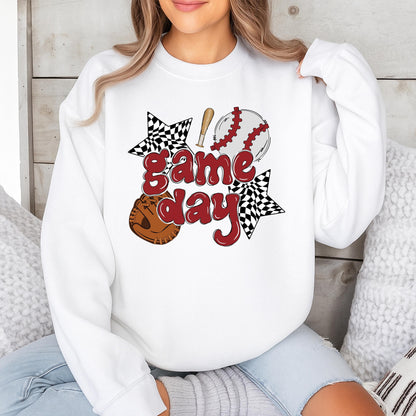 Retro Game Day Baseball Mama Sweatshirt, Vintage Maroon Checkered Star Design, Custom Baseball Mom Sweater, Sports Team Outfit Gift for Her (139 chars)