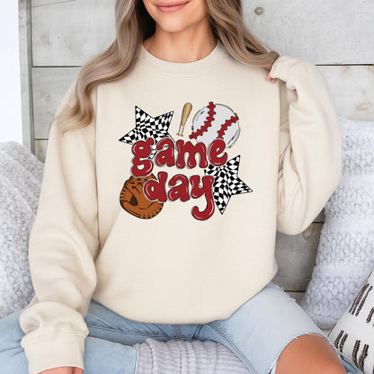 Retro Game Day Baseball Mama Sweatshirt, Vintage Maroon Checkered Star Design, Custom Baseball Mom Sweater, Sports Team Outfit Gift for Her (139 chars)