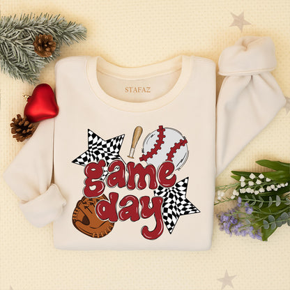 Retro Game Day Baseball Mama Sweatshirt, Vintage Maroon Checkered Star Design, Custom Baseball Mom Sweater, Sports Team Outfit Gift for Her (139 chars)
