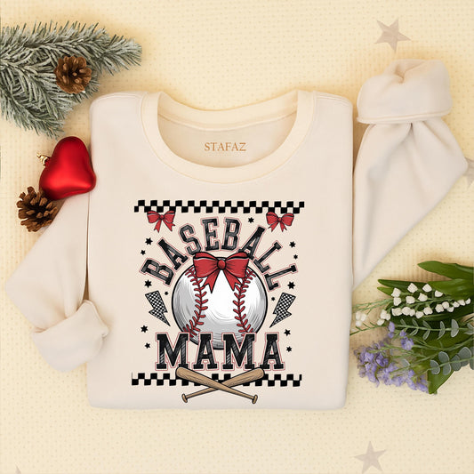 Baseball Mama Retro Sweatshirt Checkered Varsity Tee, Game Day Outfit for Sports Mom, Cute Baseball Bow Design Vintage Pullover, Gift for Team Mom