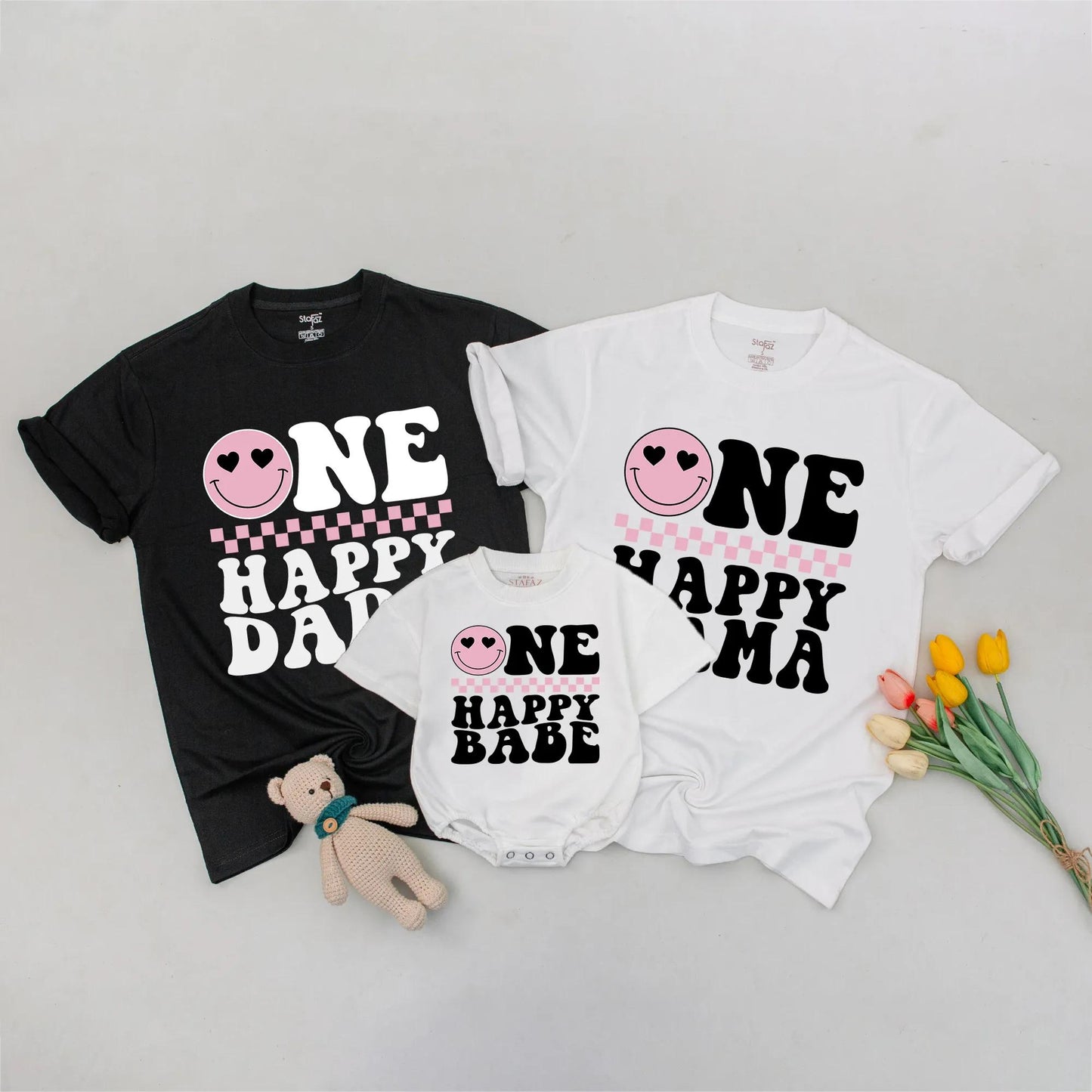 One Happy Dude 1st Birthday Matching Family Shirts: Retro Smiley Face Tees for Mom, Dad & Baby Boy's Pink First Birthday Outfit - Fun, Groovy & Cool!