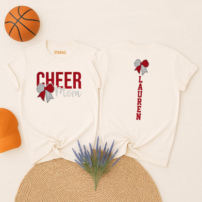 Cheer Mom Shirt with Glitter Bow & Personalized Name, Sparkly Cheerleading Tee, Custom School Colors, Game Day Style, Red & Silver Design 138