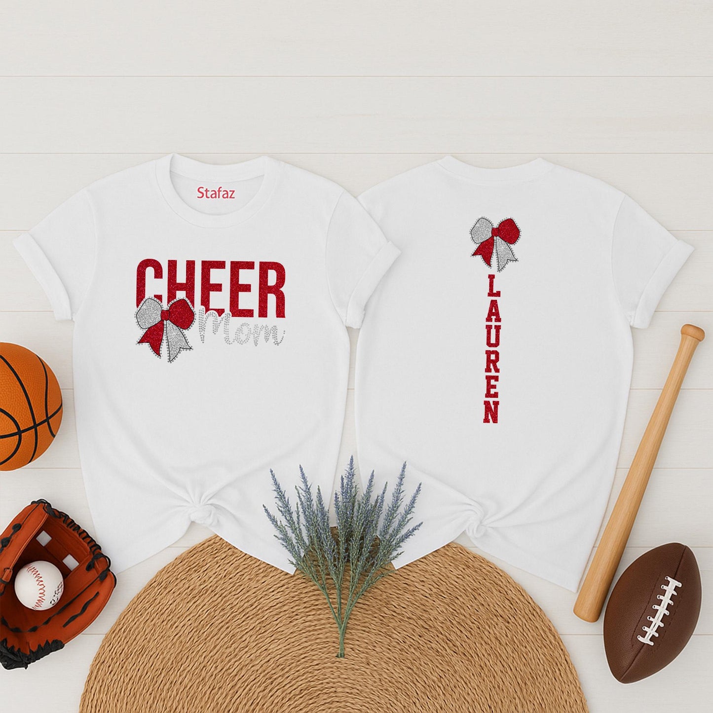 Cheer Mom Shirt with Glitter Bow & Personalized Name, Sparkly Cheerleading Tee, Custom School Colors, Game Day Style, Red & Silver Design 138
