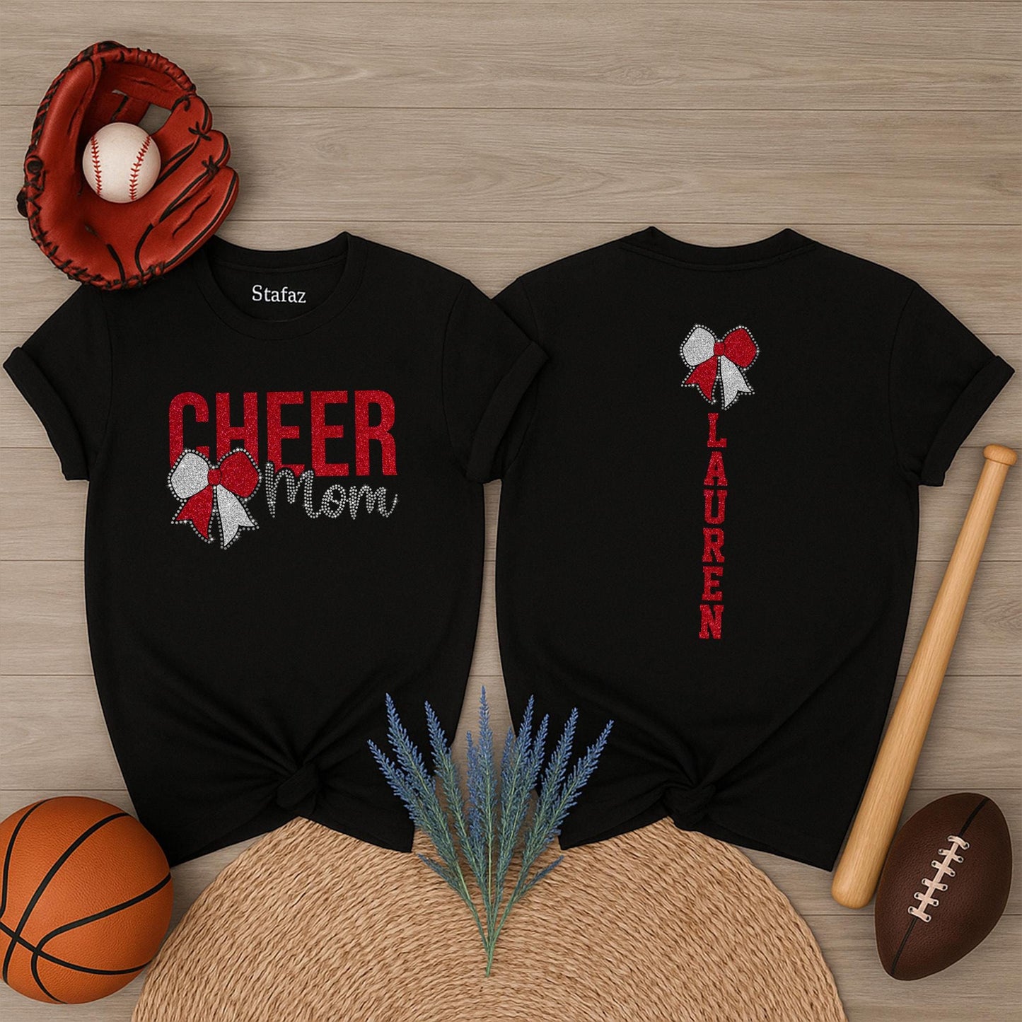 Cheer Mom Shirt with Glitter Bow & Personalized Name, Sparkly Cheerleading Tee, Custom School Colors, Game Day Style, Red & Silver Design 138